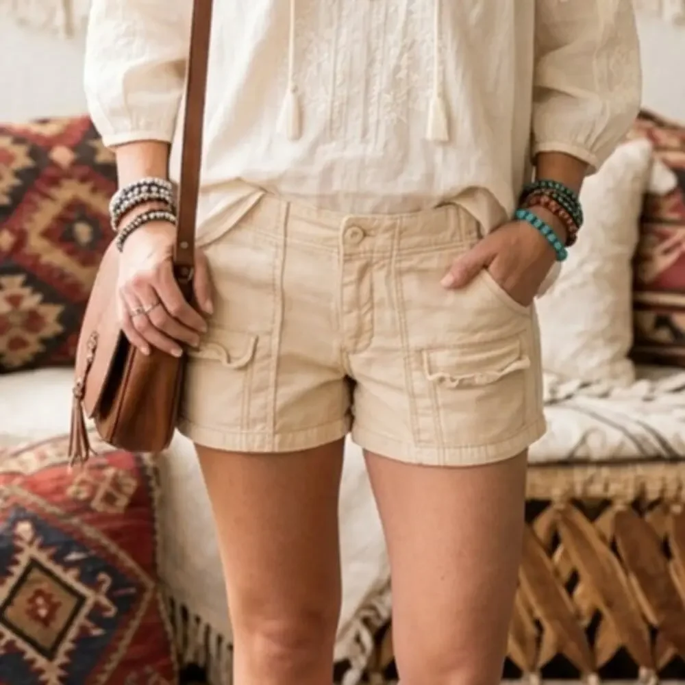 Free people cream khaki utility cargo mini shorts Y2K casual boho granola girl